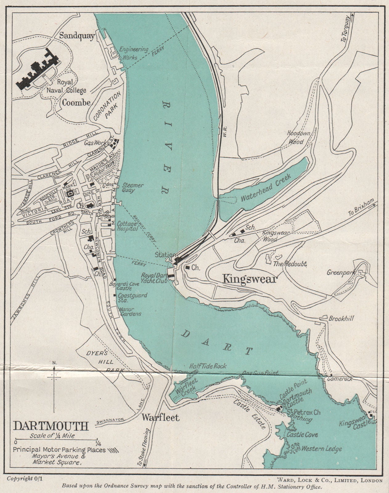 DARTMOUTH vintage town/city plan. Devon. WARD LOCK 1951 old vintage map chart